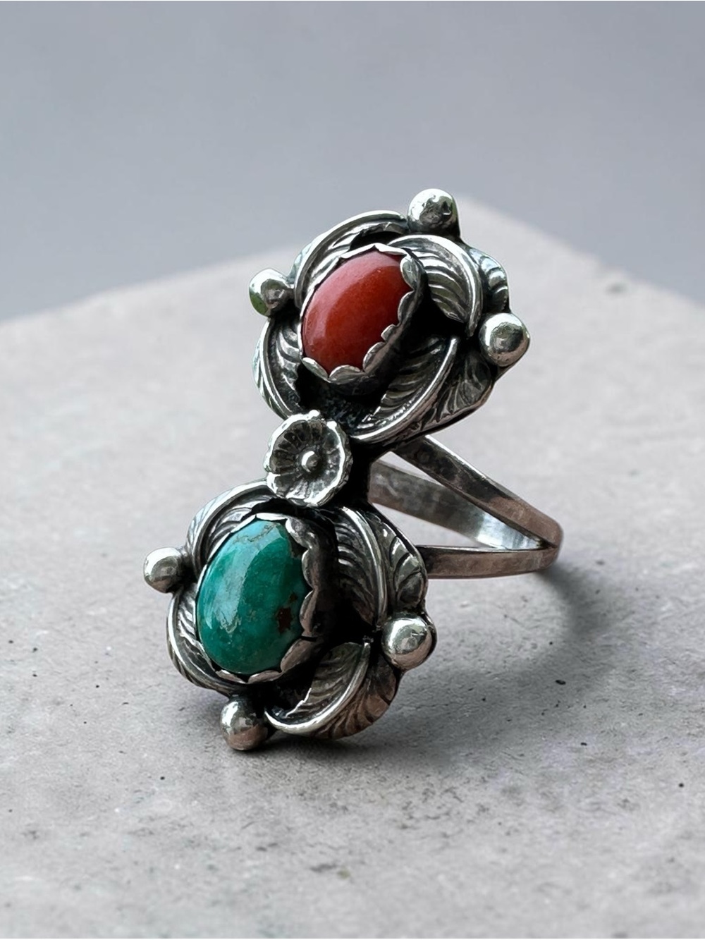 Vintage Southwestern Sterling Silver Turquoise & Red Coral Ring (Size 5)
